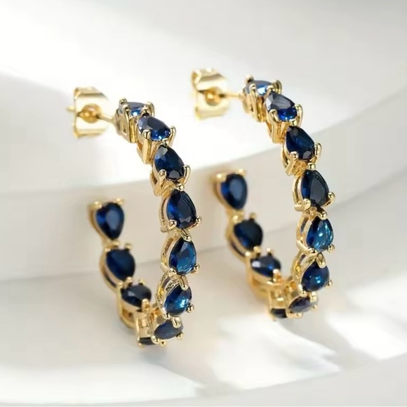 Blue Teardrop Zirconia Hoop Earrings - Picture 1 of 5
